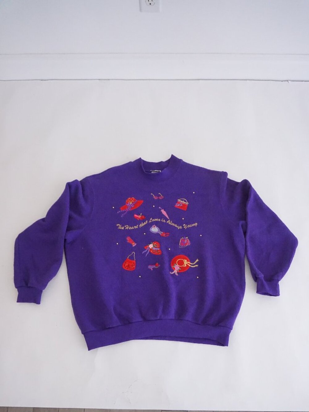 Vintage BonWorth Purple Handbag Hat Fashion Accessories Embroidered Sweater XL